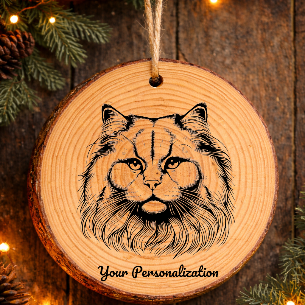 Khao Manee Longhair Cat Rustic Pine Wooden Round Ornament