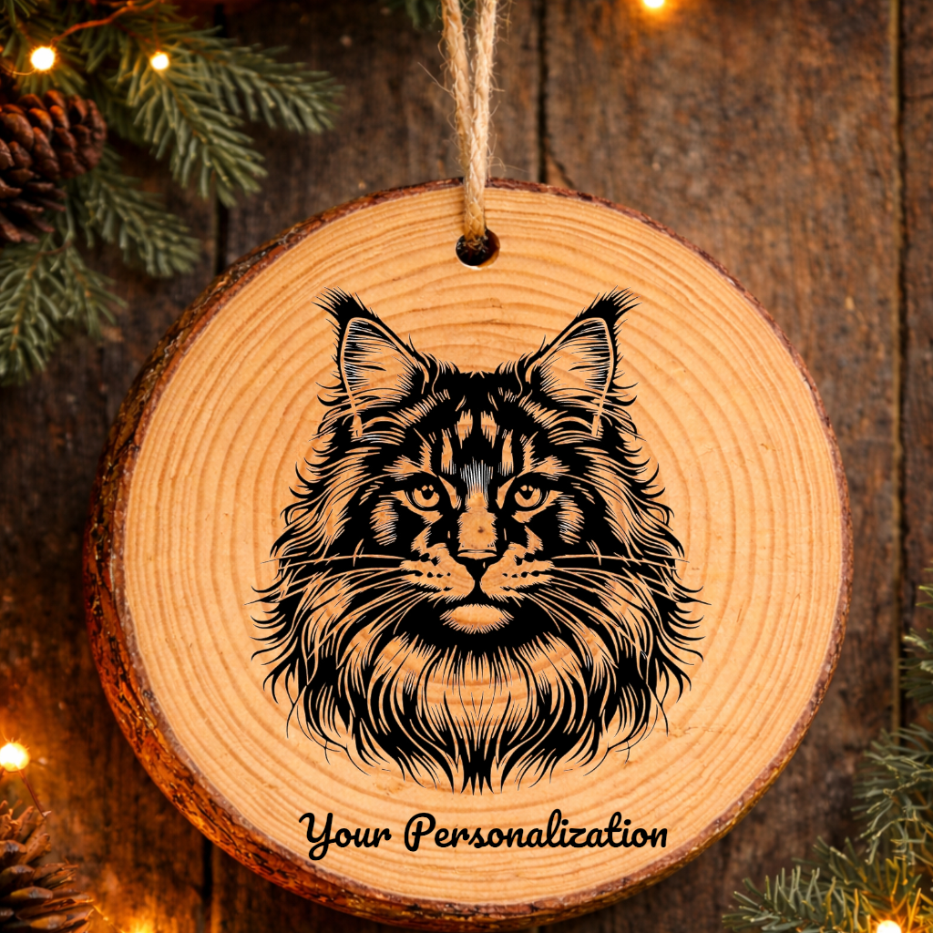 Maine Coon Longhair Cat Rustic Pine Wooden Round Ornament