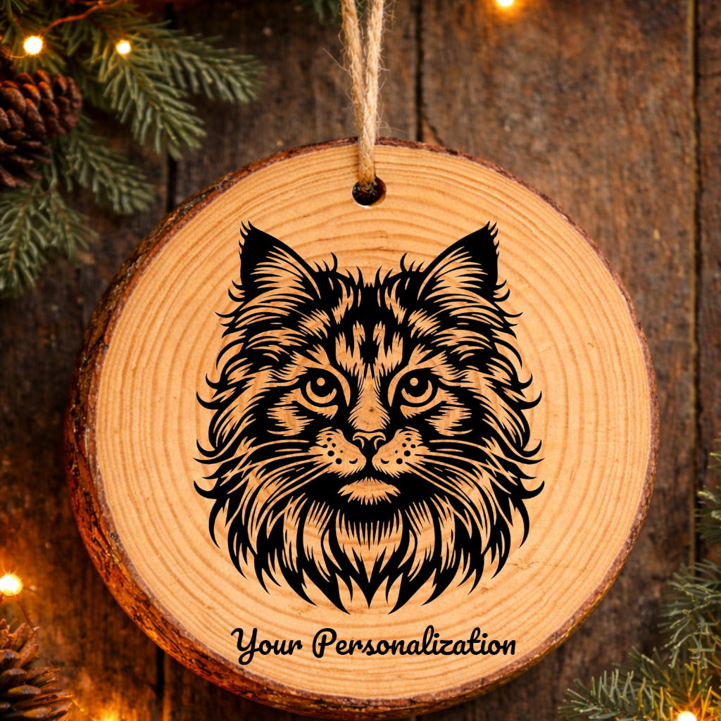 Safari Longhair Cat Rustic Pine Wooden Round Ornament
