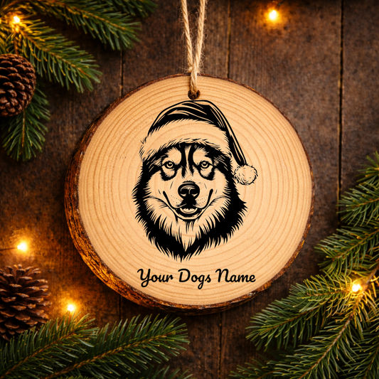 Alaskan Malamute Santa Hat Dog Rustic Pine Christmas Ornament