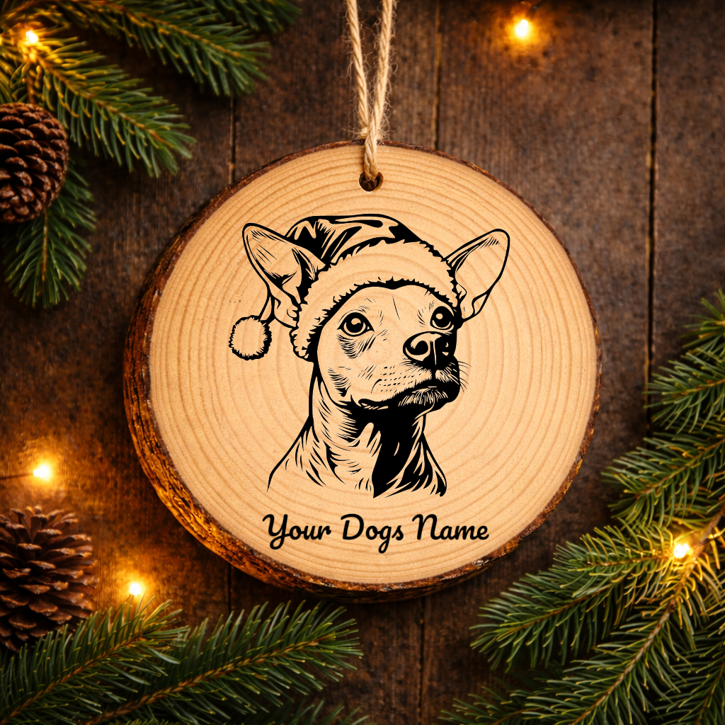 American Hairless Terrier Santa Hat Dog Rustic Pine Christmas Ornament