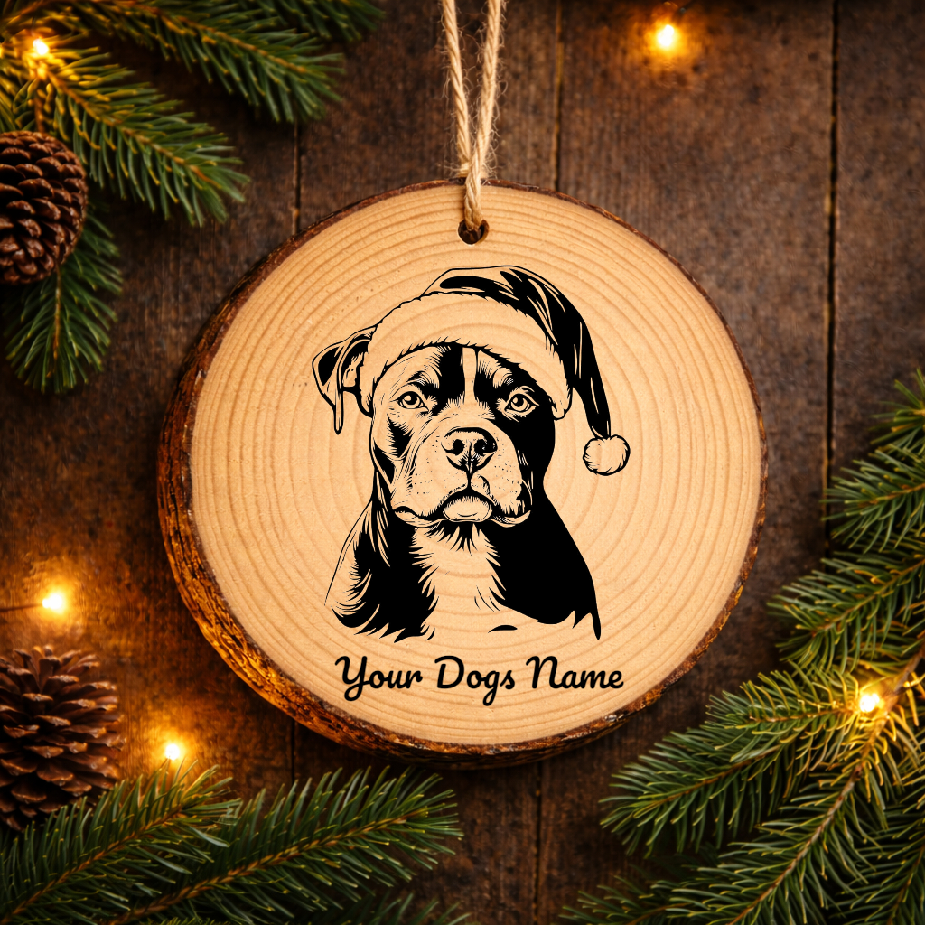 American Pit Bull Terrier Santa Hat Dog Rustic Pine Christmas Ornament