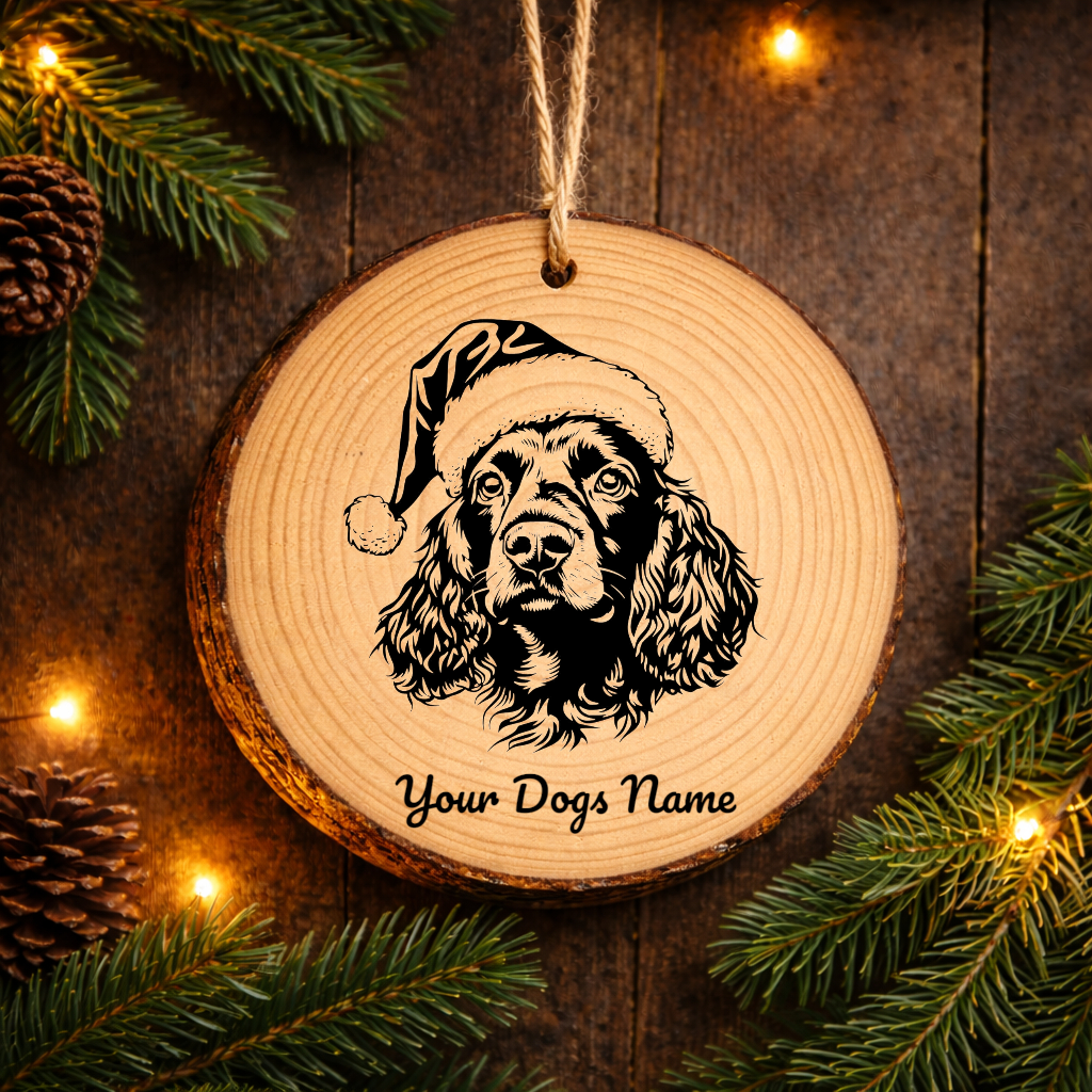 American Water Spaniel Santa Hat Dog Rustic Pine Christmas Ornament