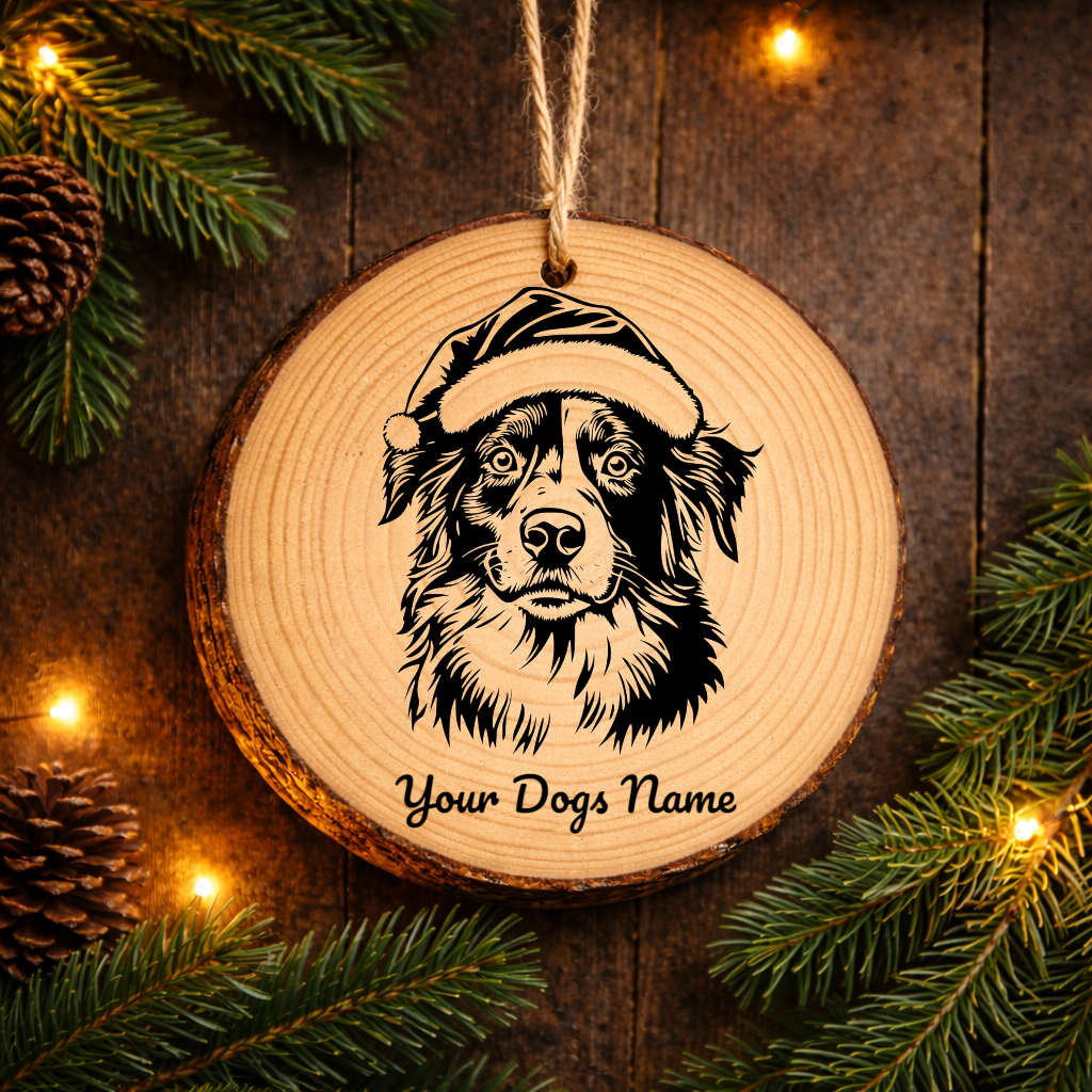 Australian Shepherd Santa Hat Dog Rustic Pine Christmas Ornament