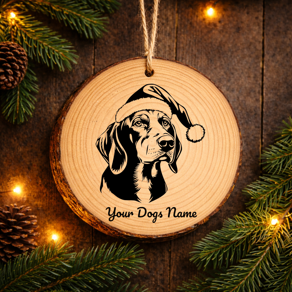 Bluetick Coonhound Santa Hat Dog Rustic Pine Christmas Ornament