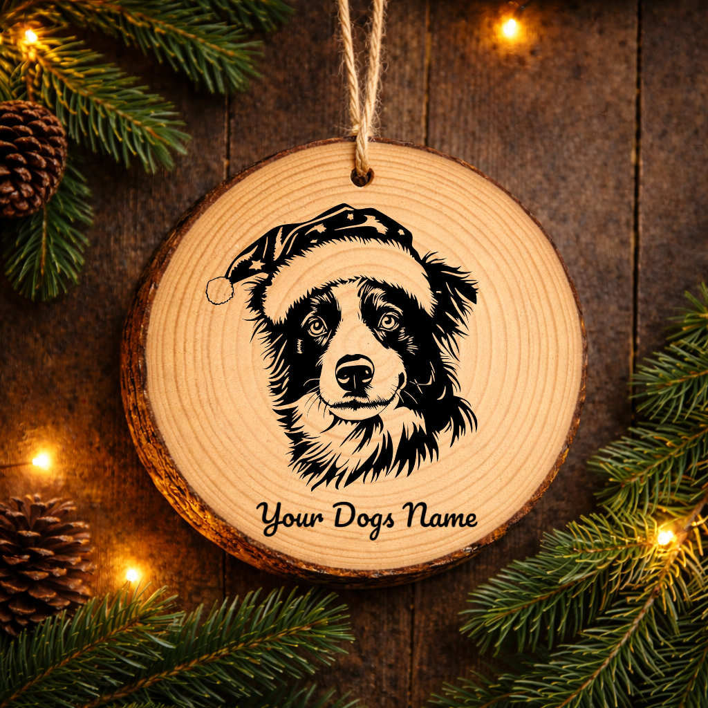 Border Collie Santa Hat Dog Rustic Pine Christmas Ornament