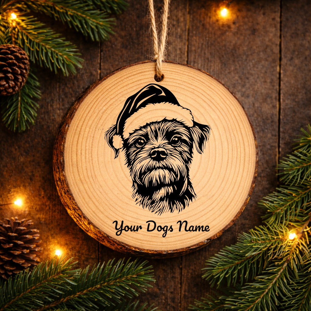 Border Terrier Santa Hat Dog Rustic Pine Christmas Ornament