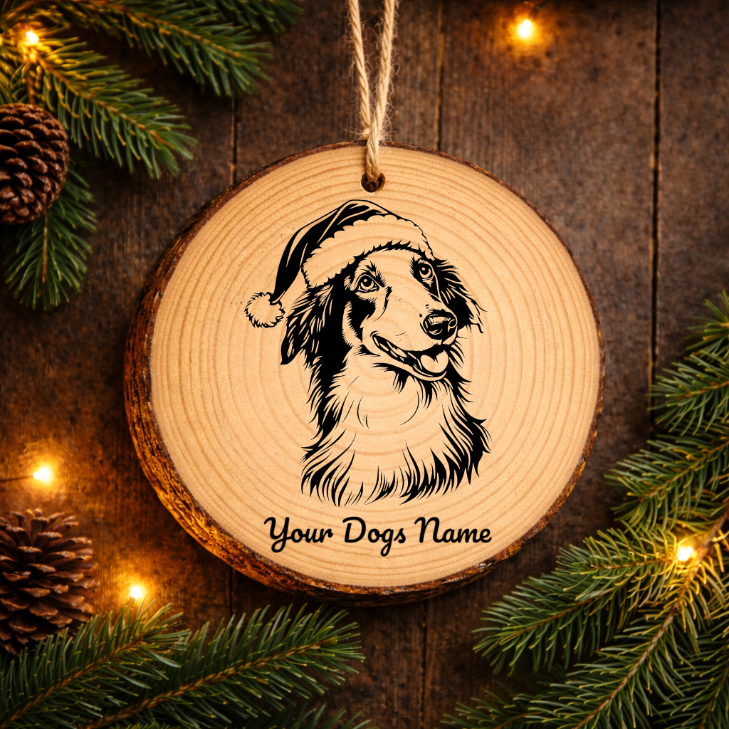 Borzoi Santa Hat Dog Rustic Pine Christmas Ornament