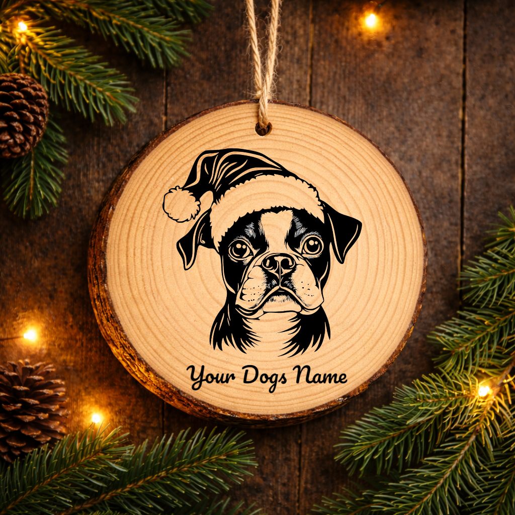 Boston Terrier Santa Hat Dog Rustic Pine Christmas Ornament
