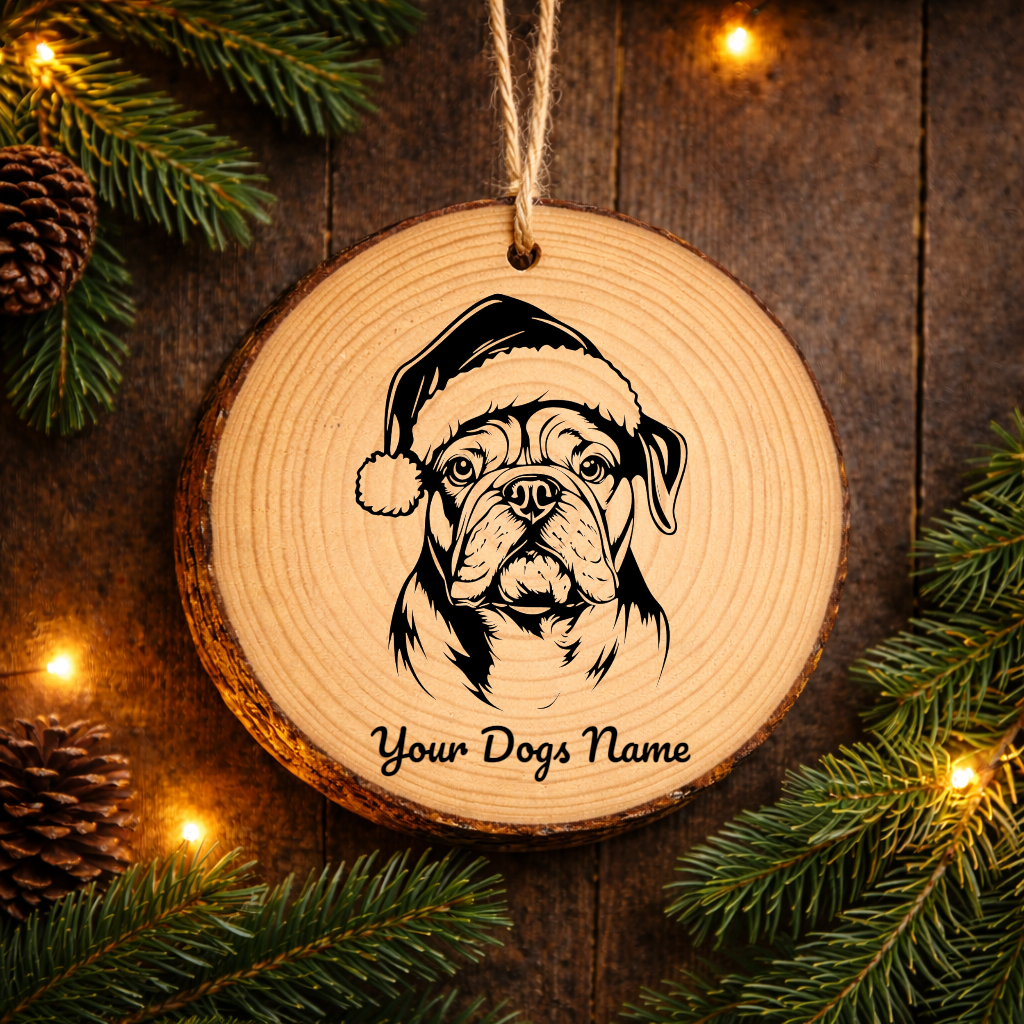 English BullSanta Hat Dog Santa Hat Dog Rustic Pine Christmas Ornament