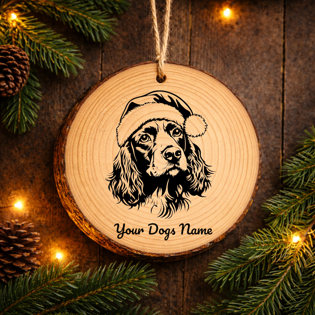 English Cocker Spaniel Santa Hat Dog Rustic Pine Christmas Ornament