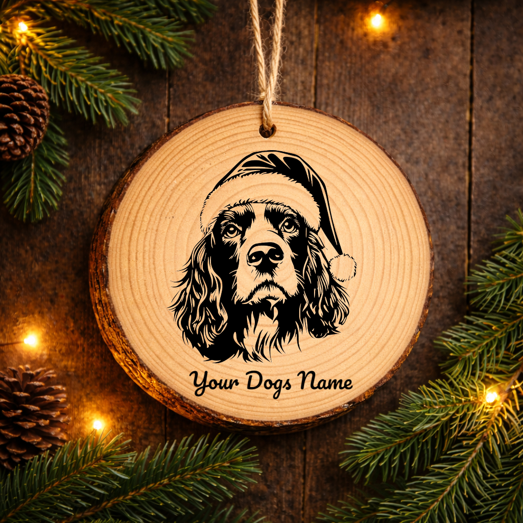 English Springer Spaniel Santa Hat Dog Rustic Pine Christmas Ornament