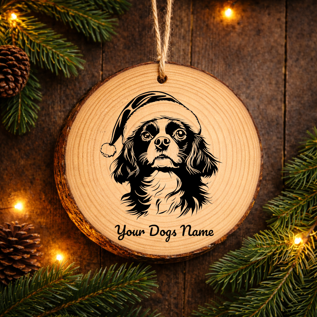 English Toy Spaniel Santa Hat Dog Rustic Pine Christmas Ornament