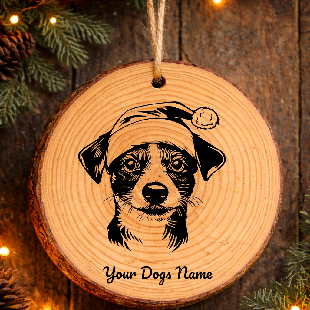 Jack Russell Terrier Santa Hat Dog Rustic Pine Christmas Ornament