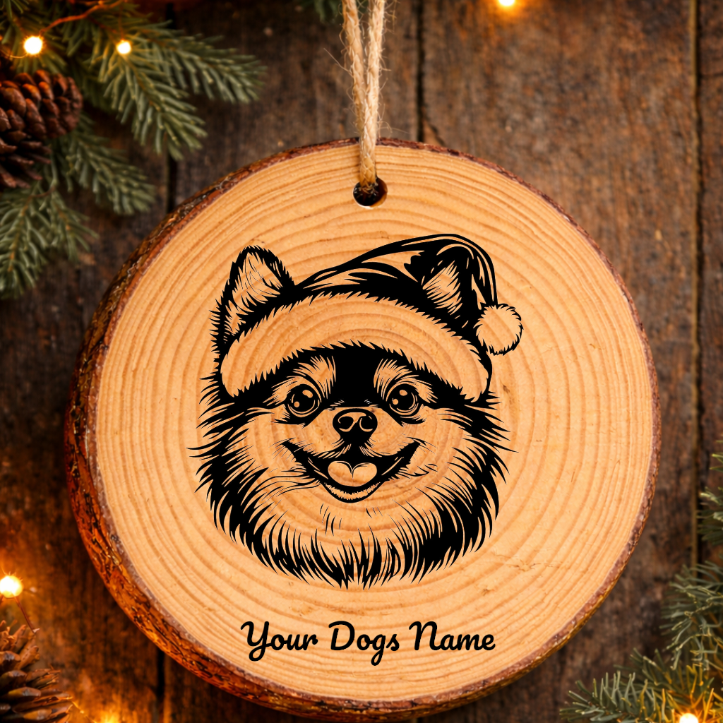 Pomeranian Santa Hat Dog Rustic Pine Christmas Ornament