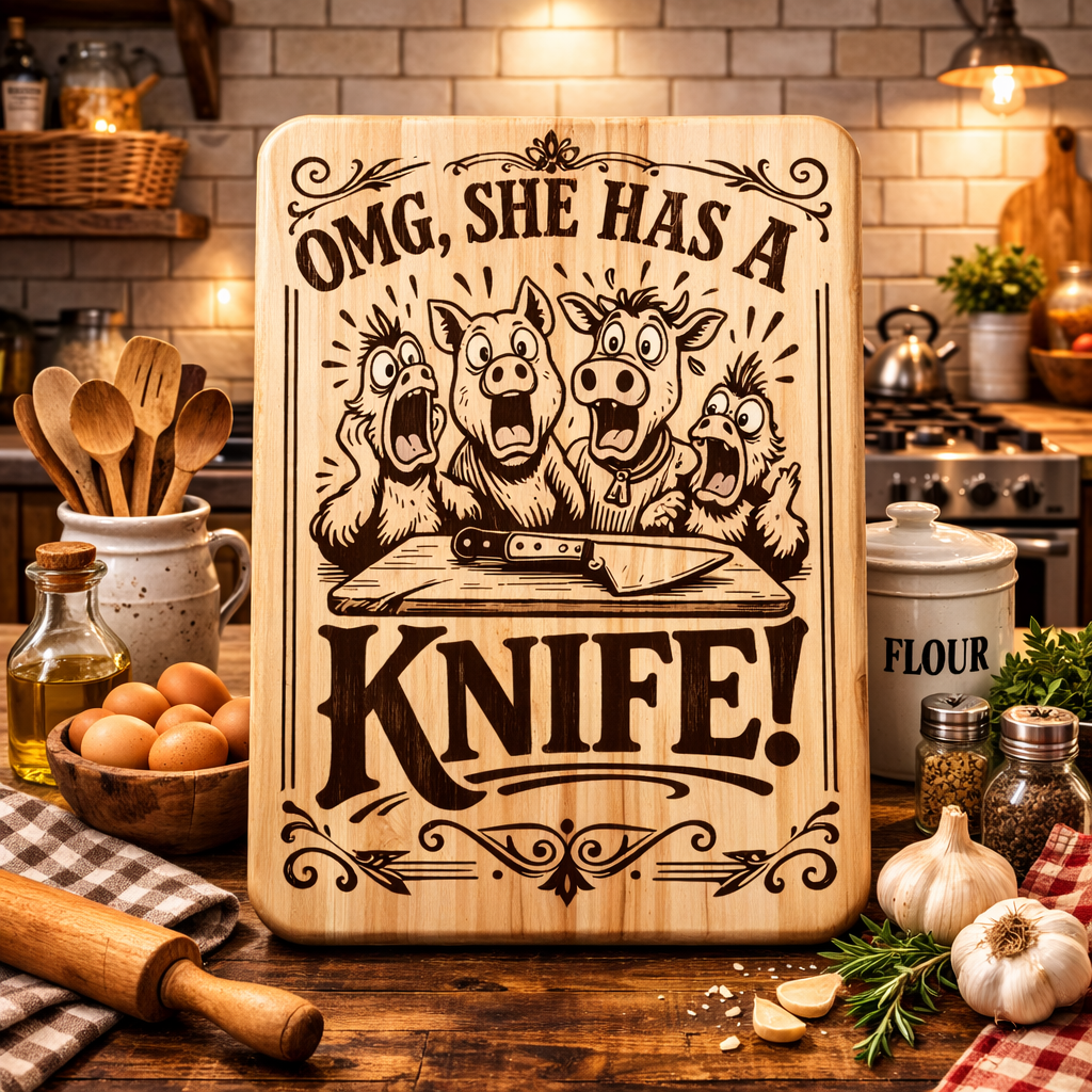 “OMG, She has a Knife” Engraved Kitchen Board