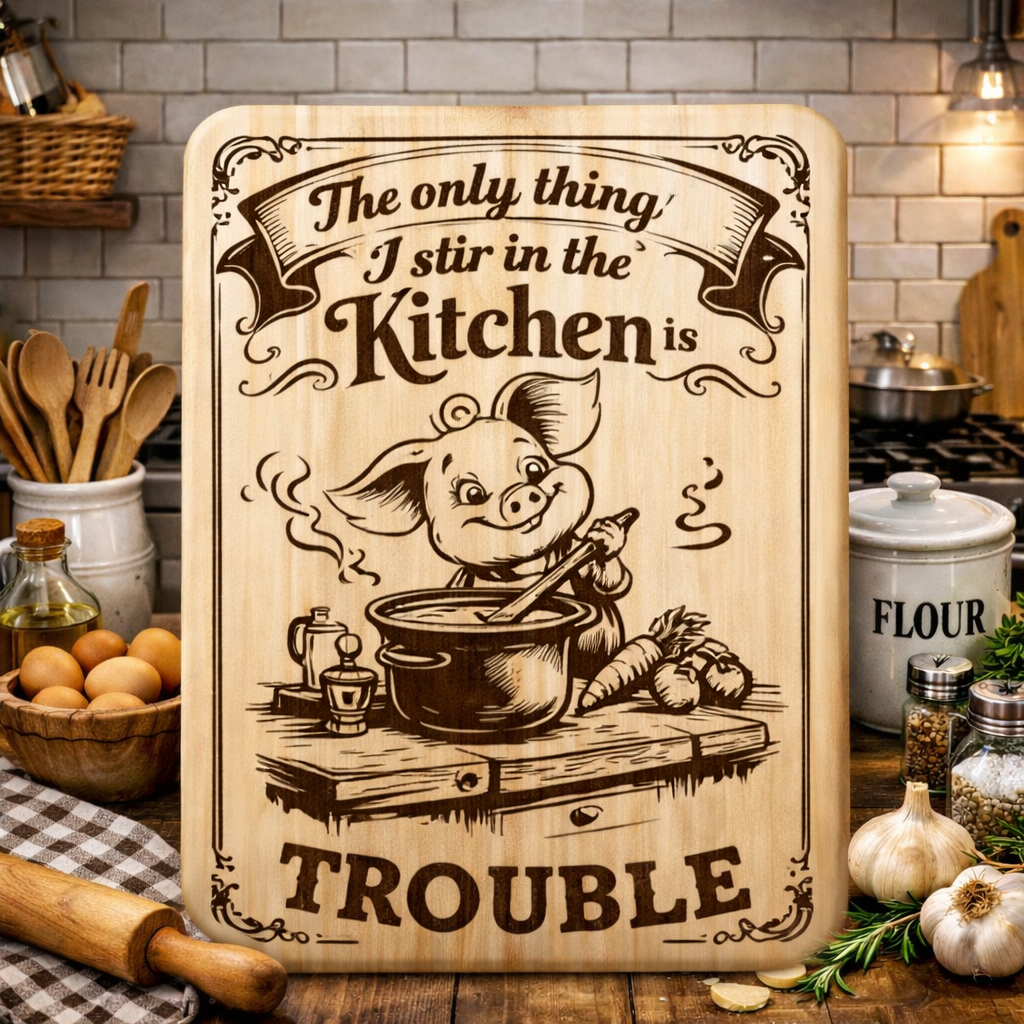 “The Only Thing I Stir in the Kitchen is Trouble” Engraved Kitchen Board (Pig)