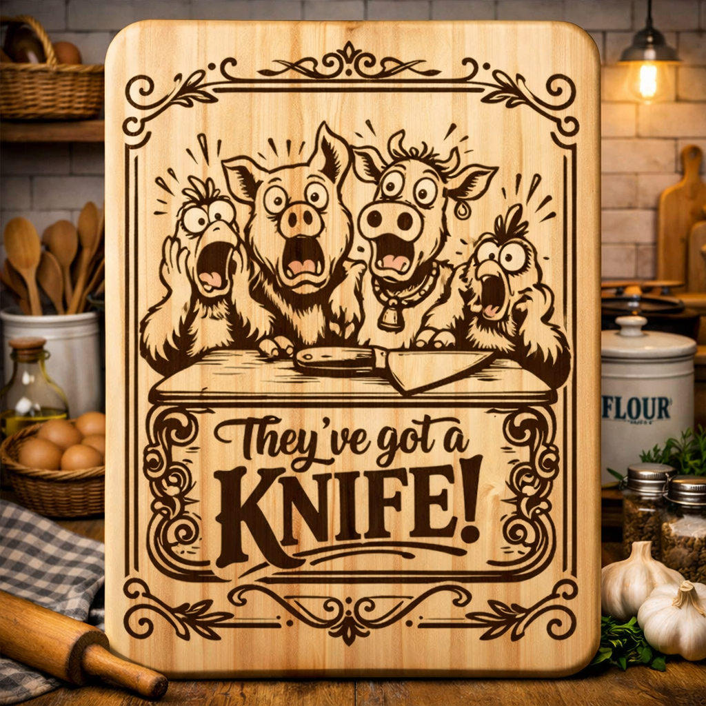 “They've Got A Knife” Engraved Kitchen Board (Farm Animals)