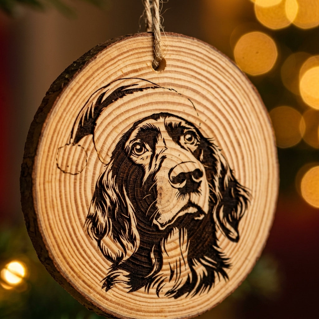 German Longhaired Pointer Santa Hat Dog Rustic Pine Christmas Ornament