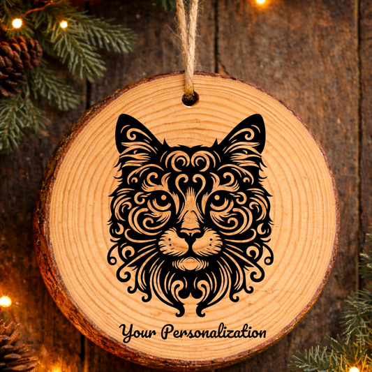 American Curl Cat Rustic Pine Wooden Round Ornament