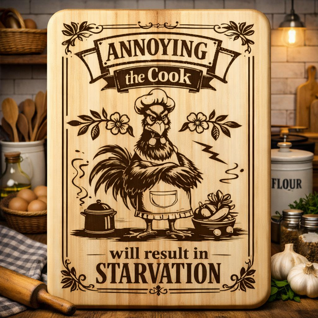 “Annoying the Cook Will Lead to Starvation” Engraved Kitchen Board