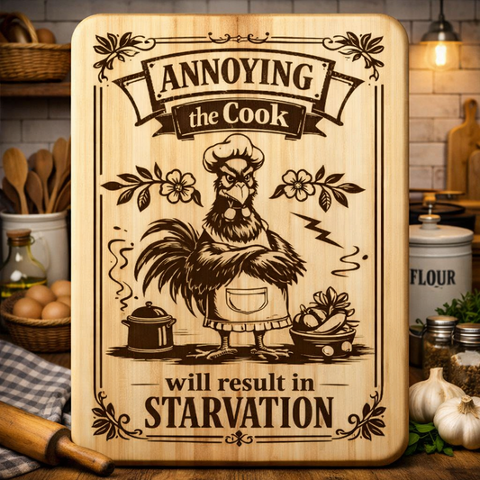 “Annoying the Cook Will Lead to Starvation” Engraved Kitchen Board