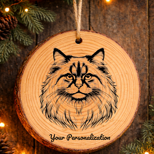 Burmese Longhair Cat Rustic Pine Wooden Round Ornament