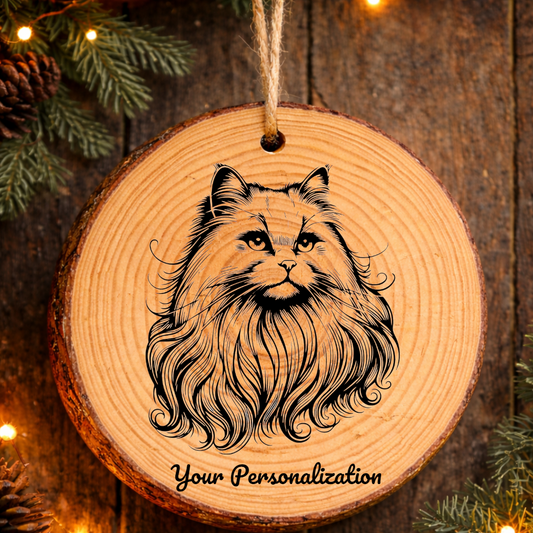 Chantilly Tiffany Longhair Cat Rustic Pine Wooden Round Ornament
