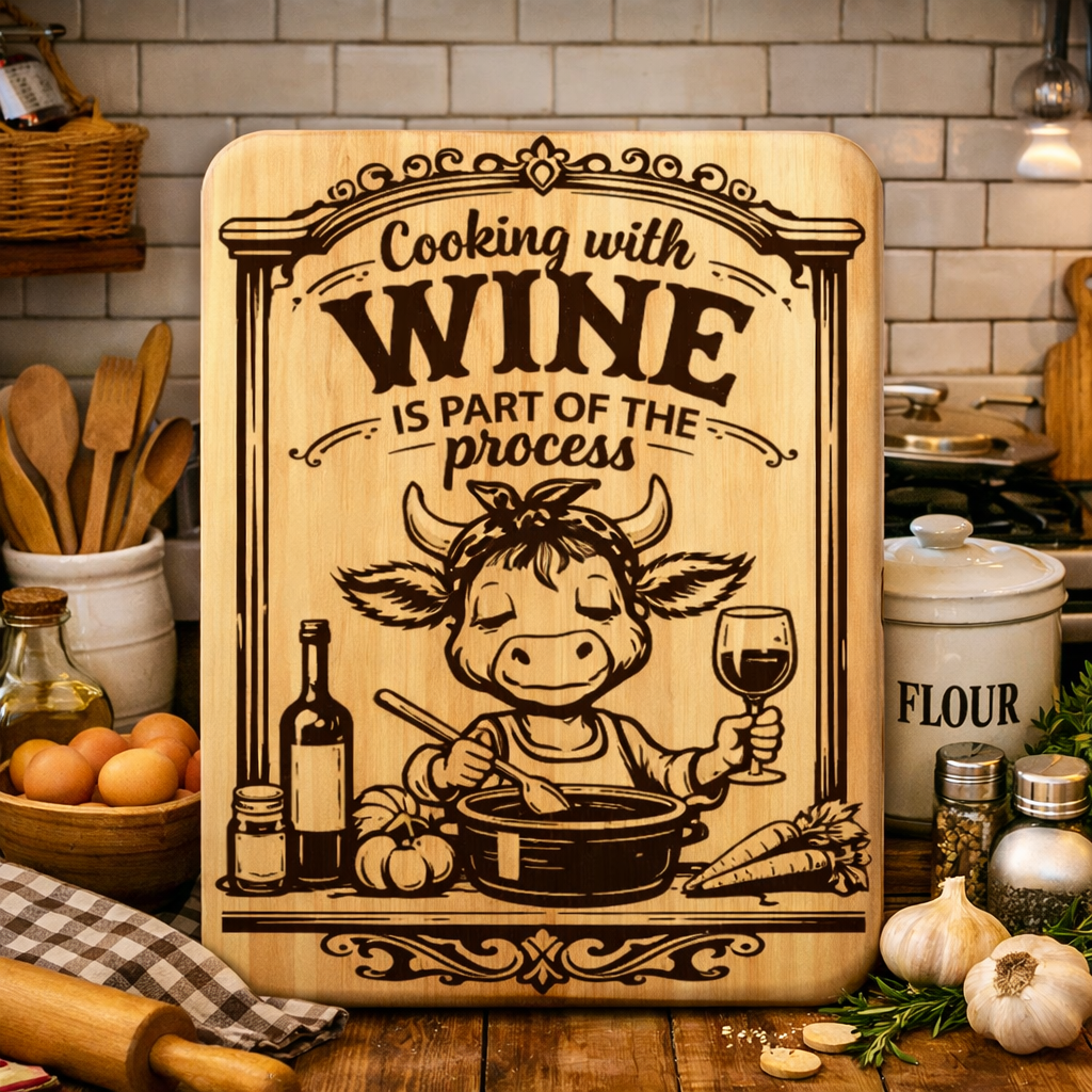 “Cooking With Wine is Part of the Process” Engraved Kitchen Board