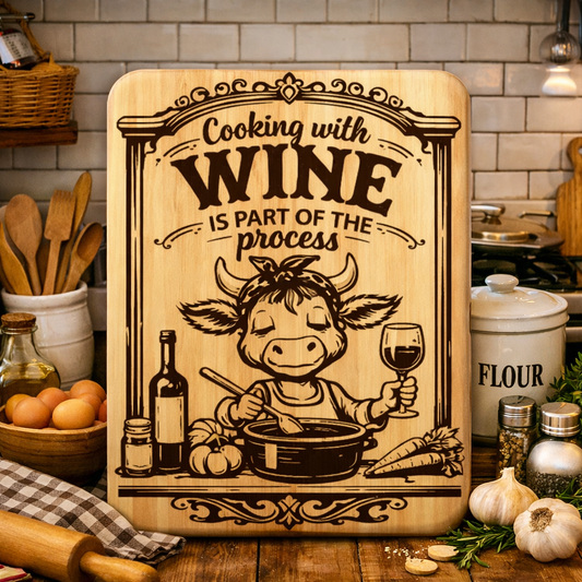 “Cooking With Wine is Part of the Process” Engraved Kitchen Board