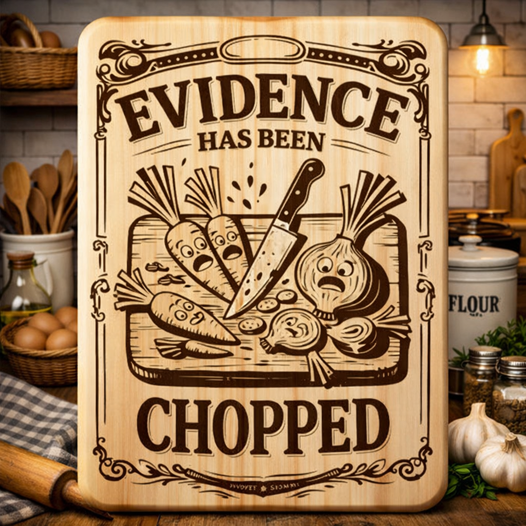 “Evidence Has Been Chopped” Engraved Kitchen Board