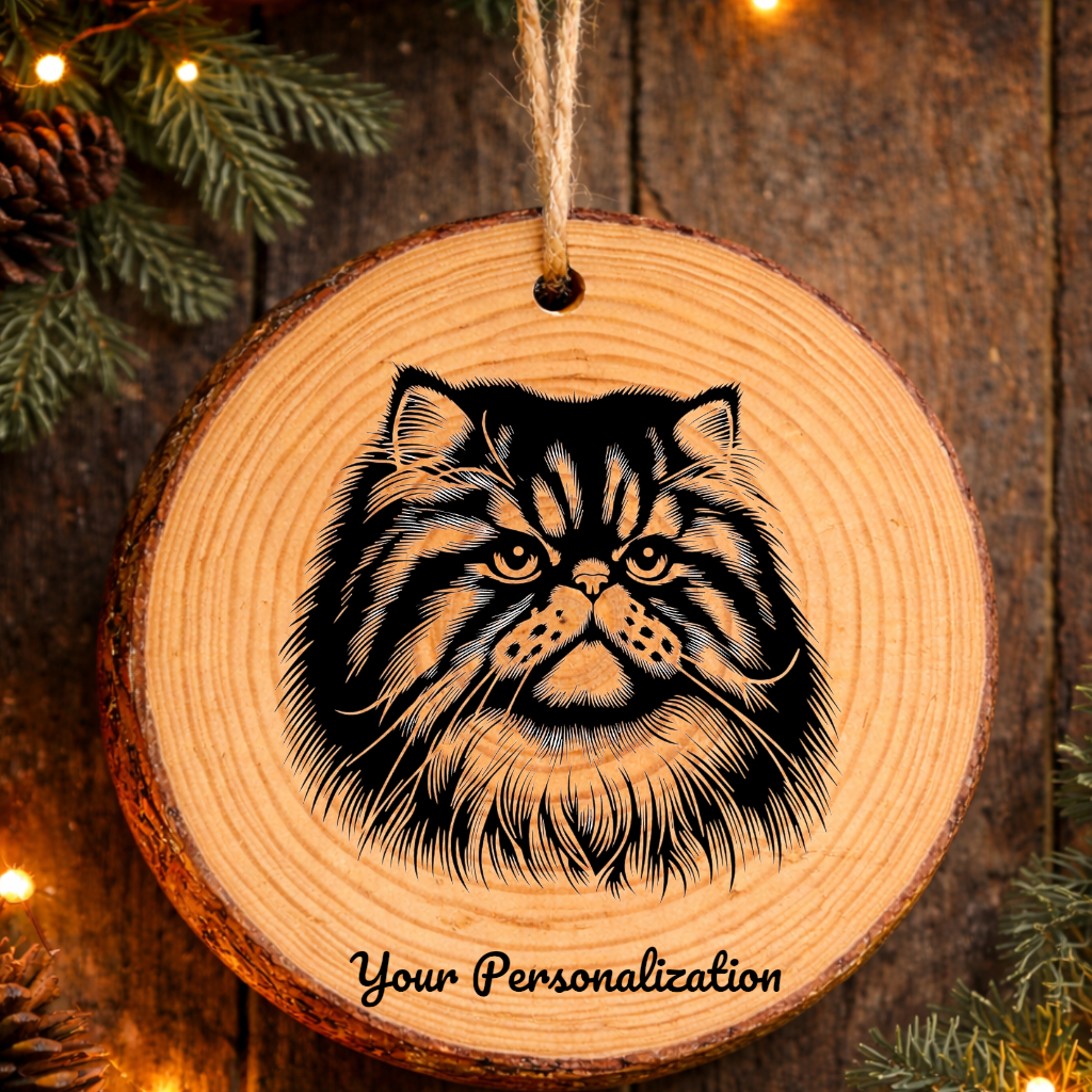 Foldex Longhair Cat Rustic Pine Wooden Round Ornament