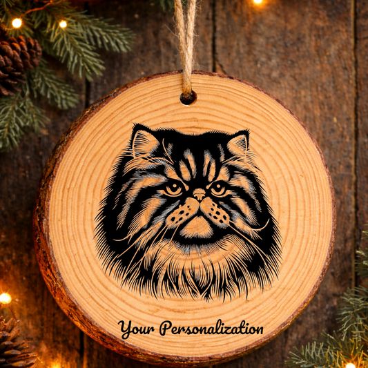 Foldex Longhair Cat Rustic Pine Wooden Round Ornament