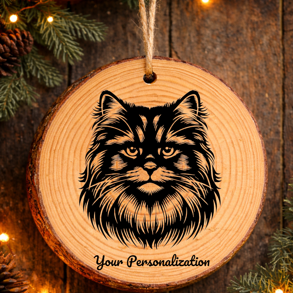 Highlander Longhair Cat Rustic Pine Wooden Round Ornament