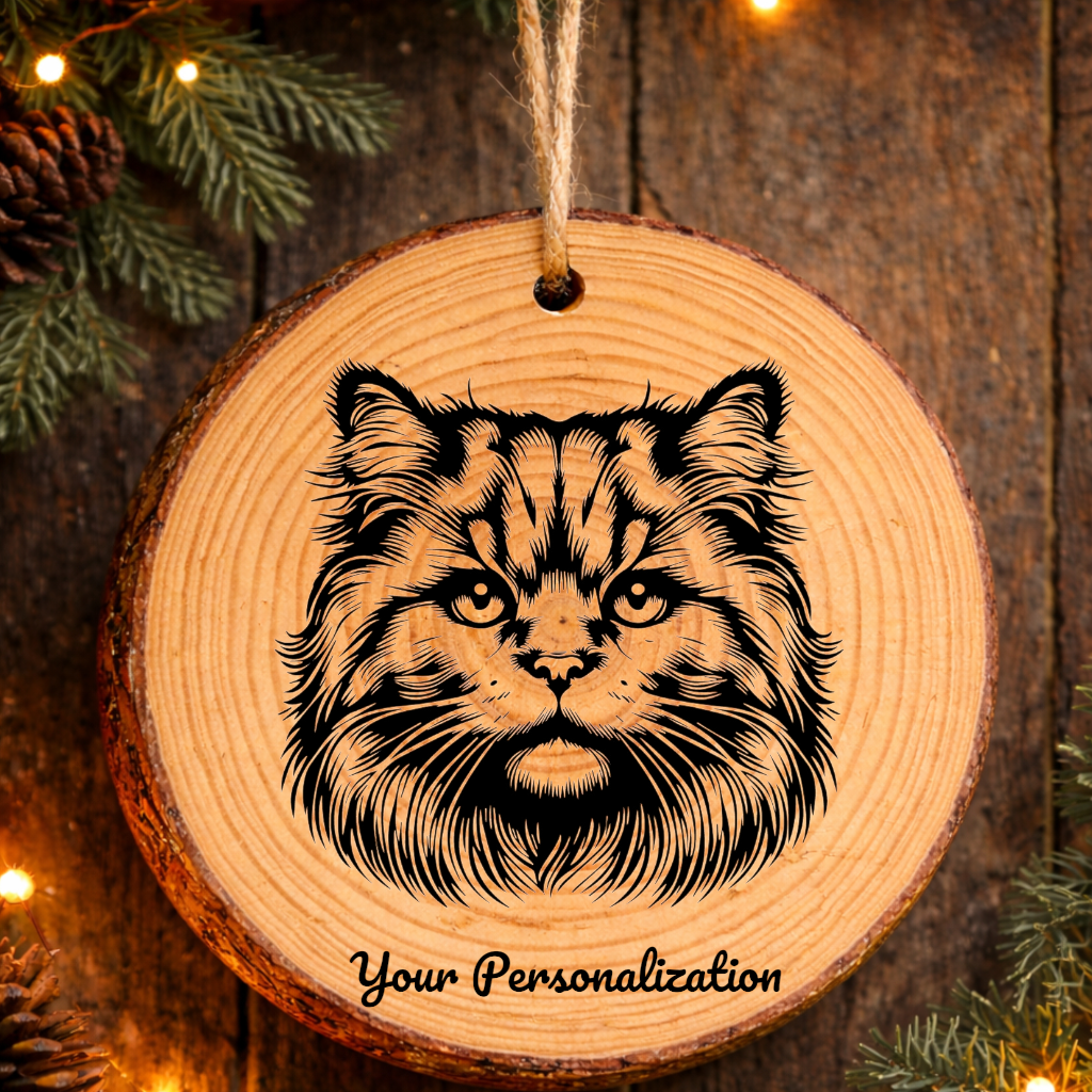 Highlander Cat Rustic Pine Wooden Round Ornament