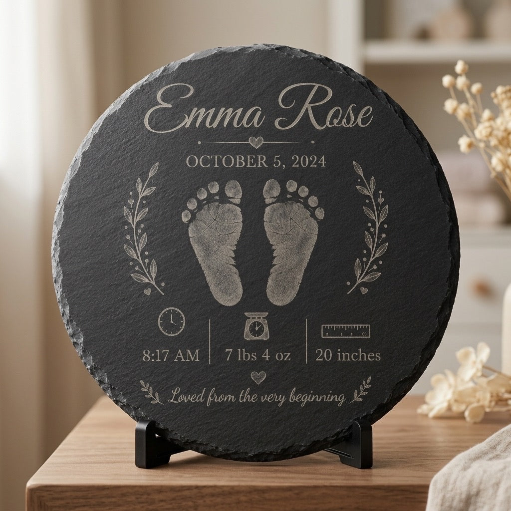 Floral New Baby 12” Slate Engraved Slate Plaque Keepsake
