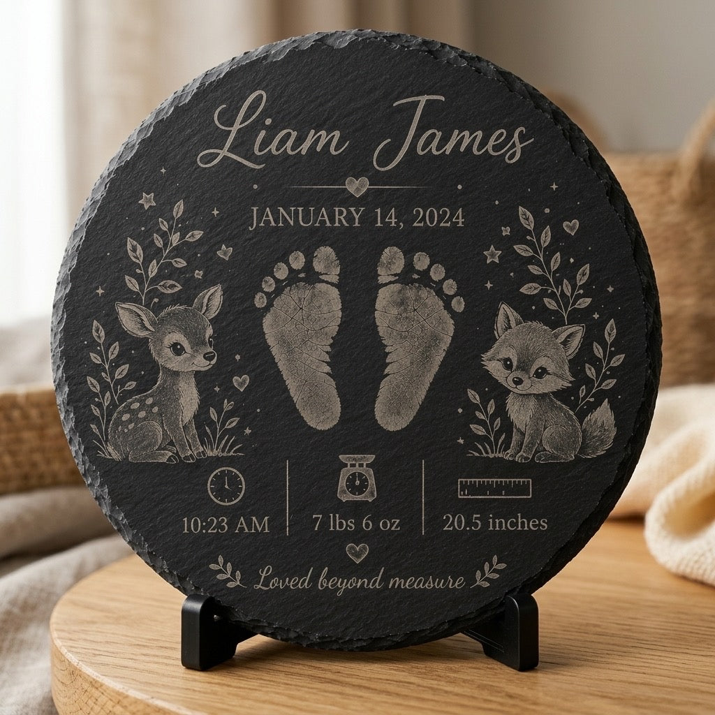 Baby Woodland Animals New Baby 12” Slate Engraved Slate Plaque Keepsake