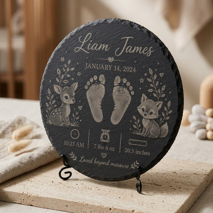 Baby Woodland Animals New Baby 12” Slate Engraved Slate Plaque Keepsake