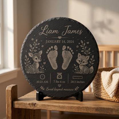 Baby Woodland Animals New Baby 12” Slate Engraved Slate Plaque Keepsake