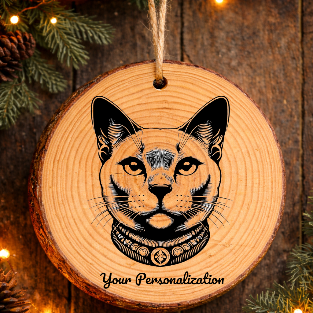 Khao Manee Cat Rustic Pine Wooden Round Ornament