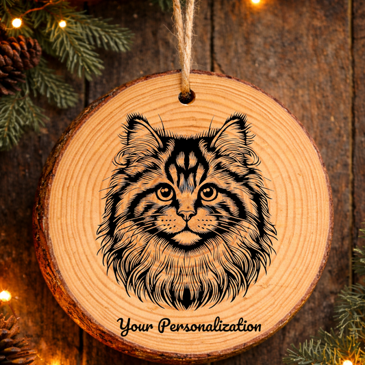 Kinkalow Longhair Cat Rustic Pine Wooden Round Ornament