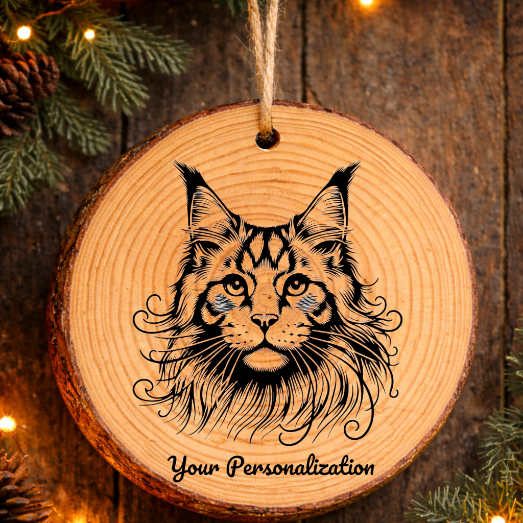 Maine Coon Cat Rustic Pine Wooden Round Ornament