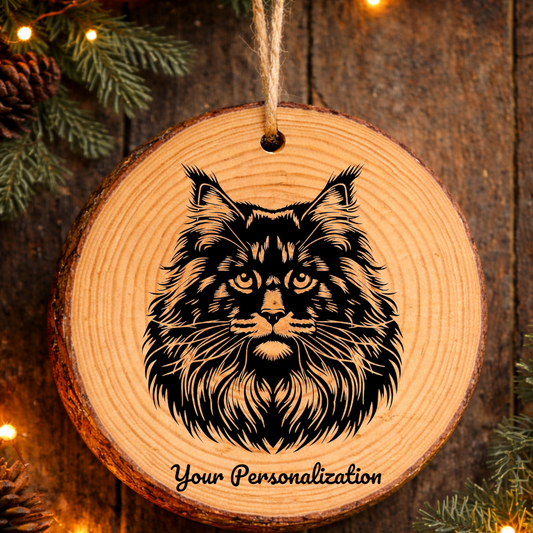 Maine Coon Longhair Cat Rustic Pine Wooden Round Ornament