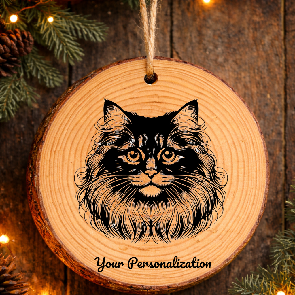 Minskin Longhair Cat Rustic Pine Wooden Round Ornament