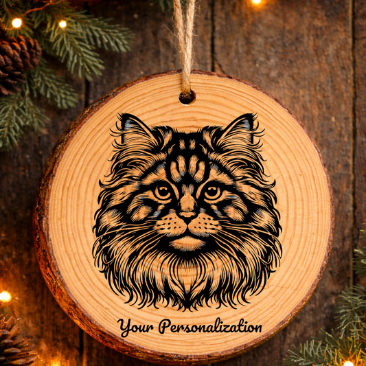 Minskin Longhair Cat Rustic Pine Wooden Round Ornament