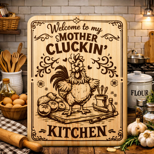 “Welcome to My Mother Cluckin' Kitchen” Engraved Kitchen Board