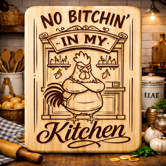 “No Bitchin' in My Kitchen” Engraved Kitchen Board (Hen)
