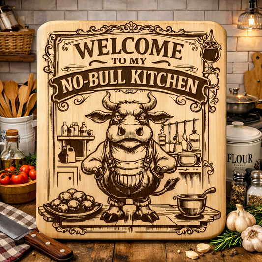 “Welcome to My No Bull Kitchen” Engraved Kitchen Board
