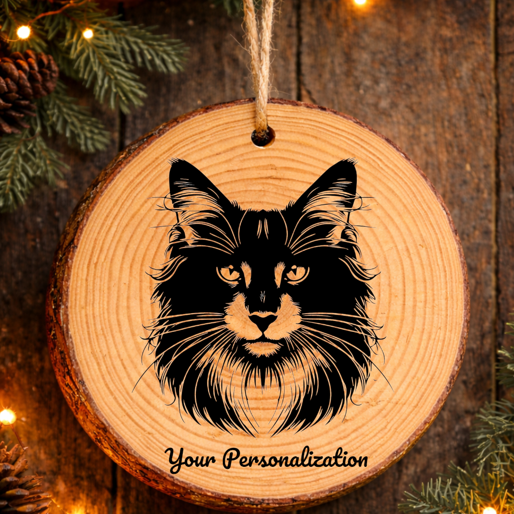 Oriental Bicolor Longhair Cat Rustic Pine Wooden Round Ornament