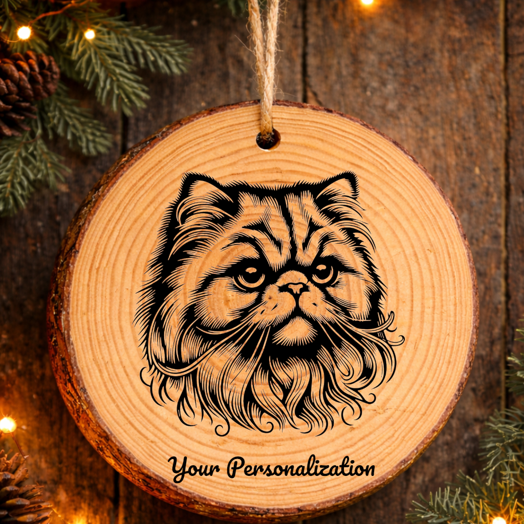 Persian Cat Rustic Pine Wooden Round Ornament